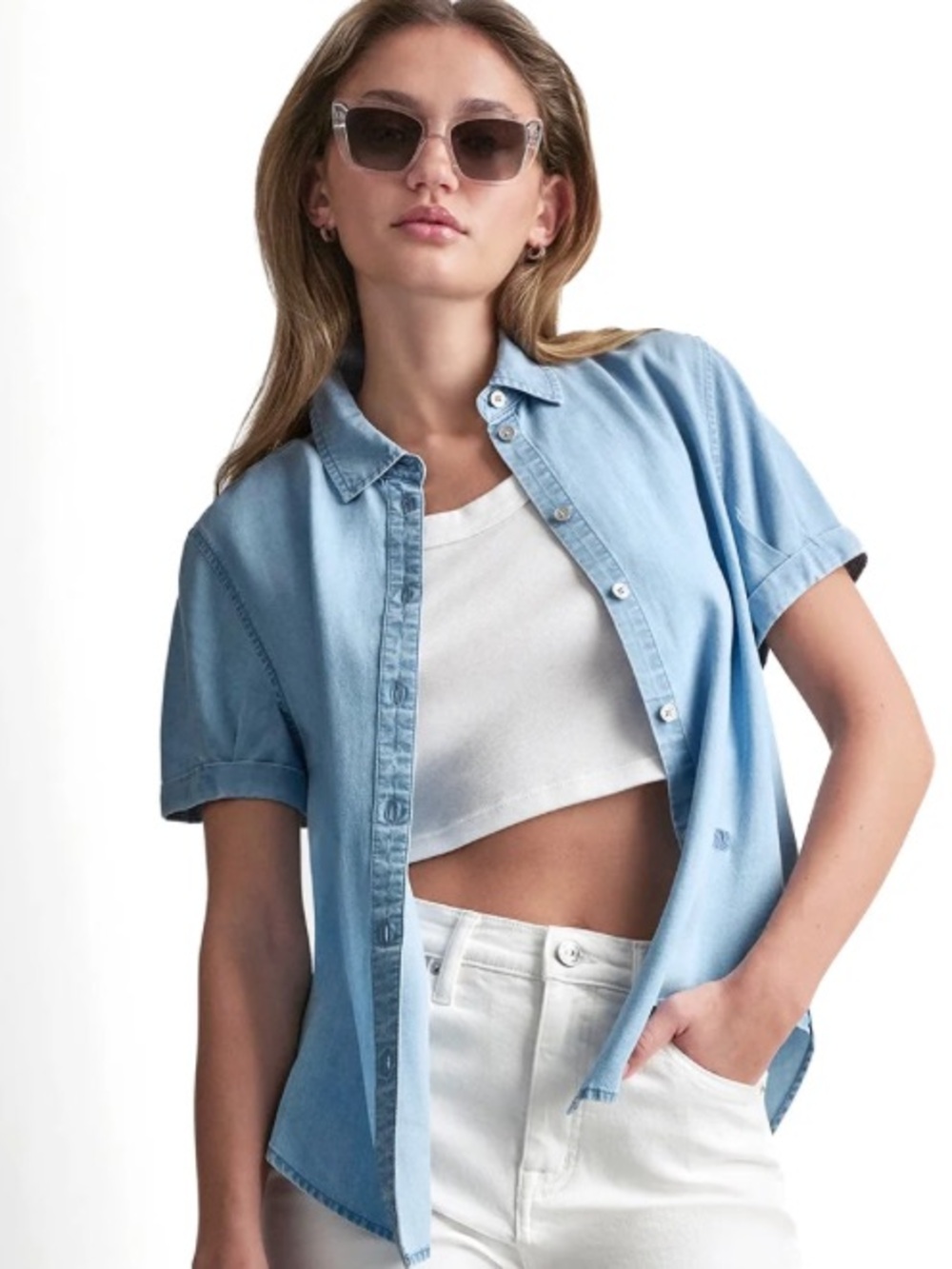 DKNY jeans Light Blue Short-Sleeve Denim Button-Down Shirt rolled sleeves XS/P